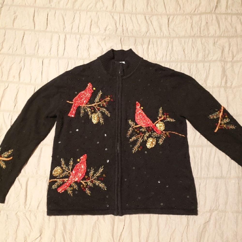 Tiera International Black Cardigan w Sparkly Red Cardinal Embroidery M